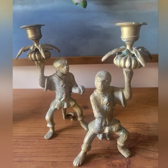 Vintage Solid Brass monkey Candlestick Holders Pair